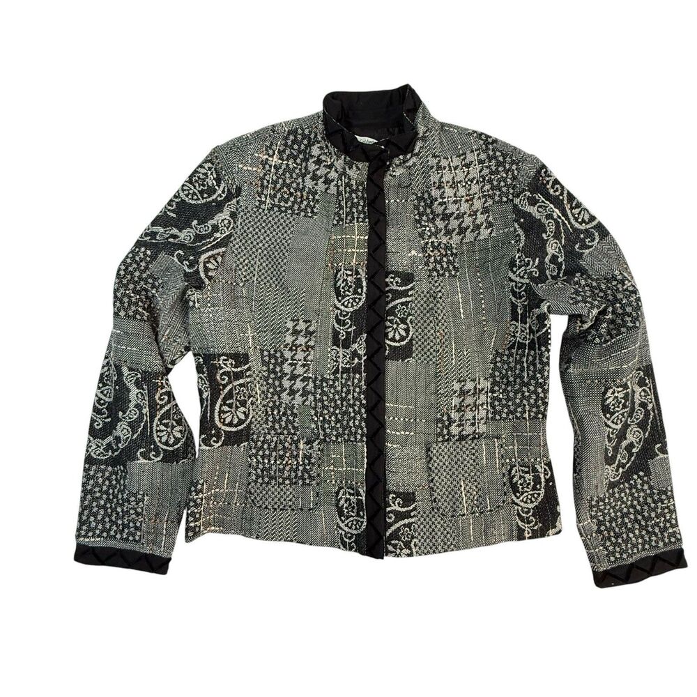 NEW Coldwater Creek Embroidered Snap Front Jacket Women Medium Black Tan Velvet